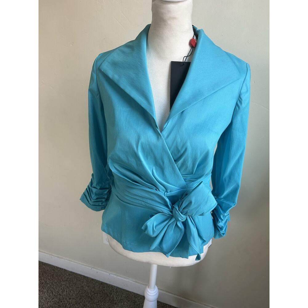Tadashi Shoji Satin Wrap Blouse Women 6P Evening Cocktail Top Blue Artsy NWT - Picture 12 of 12